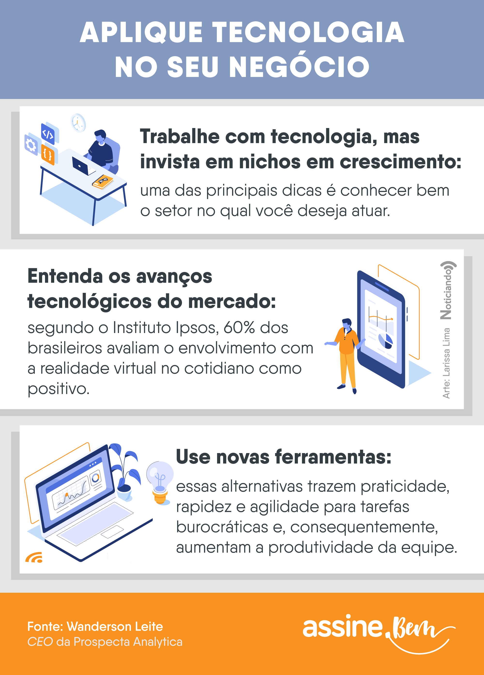 Infográfico com tons de azul e alaranja intitulado "Aplique tecnologia no seu negócio"