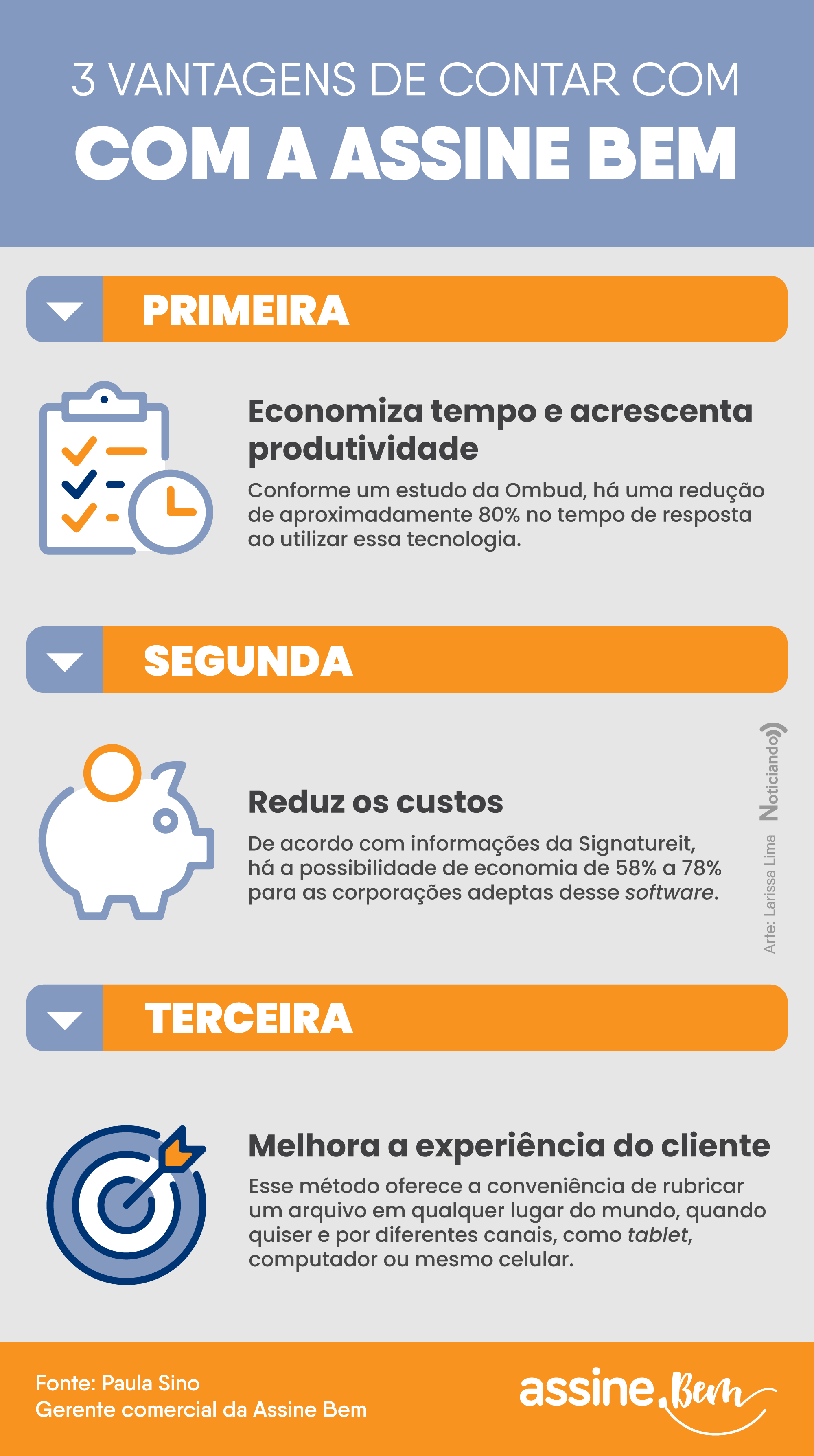 Infográfico azul e laranja: 3 vantagens de contar com a Assine Bem